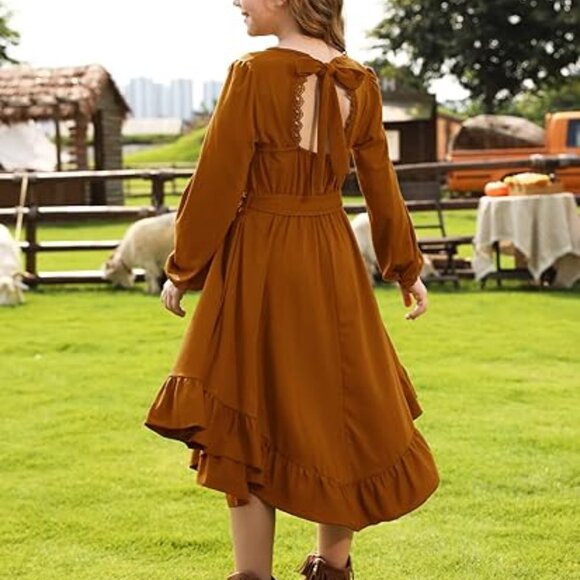 Girls Boho Long Sleeve Lace Backless Tie Dress - Picture 2 of 3